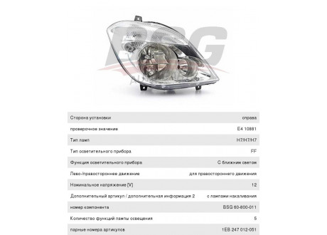 Фара MERCEDES Sprinter (06-) правая (с ПТФ) BSG